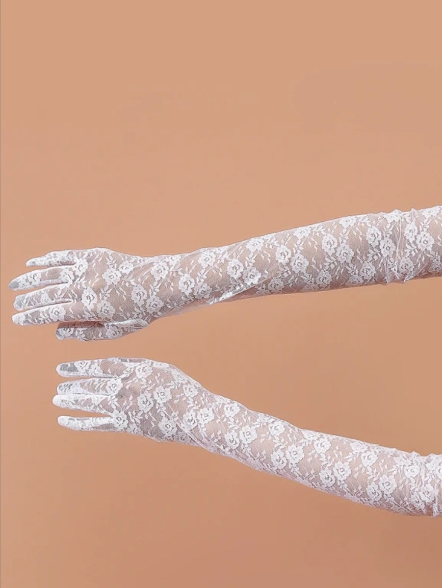 כפפות תחרה ארוכות לבן/ורוד 35 ס"מ