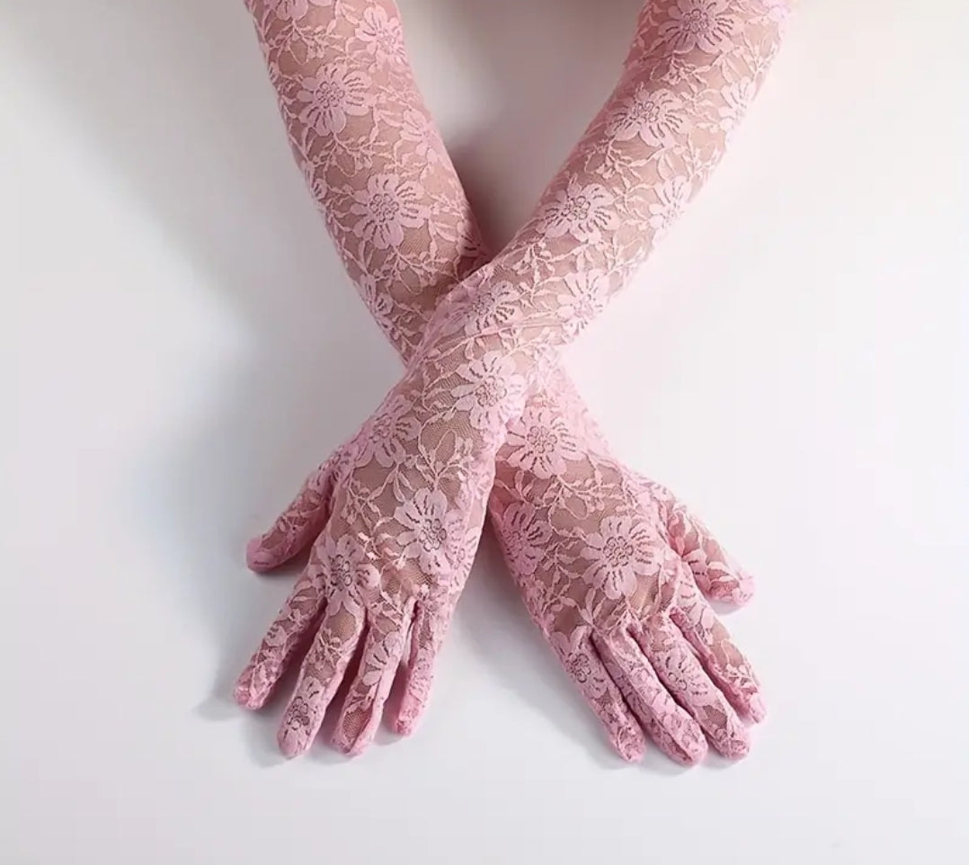 כפפות תחרה ארוכות לבן/ורוד 35 ס"מ