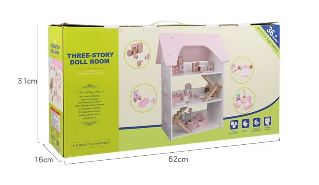 בית בובות מעץ 3 קומות עם ריהוט מעץ