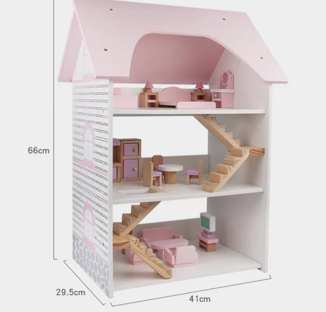 בית בובות מעץ 3 קומות עם ריהוט מעץ