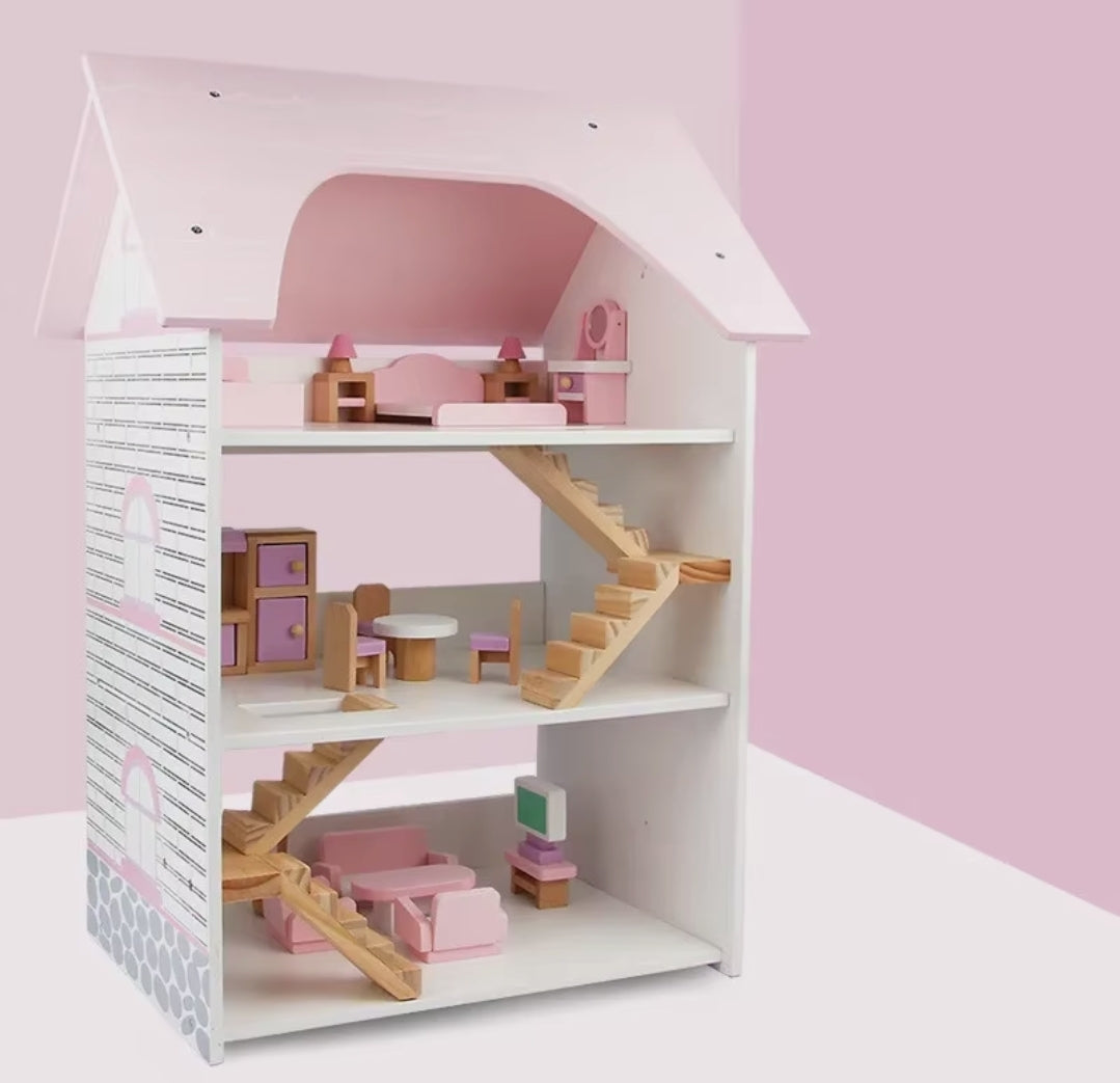 בית בובות מעץ 3 קומות עם ריהוט מעץ