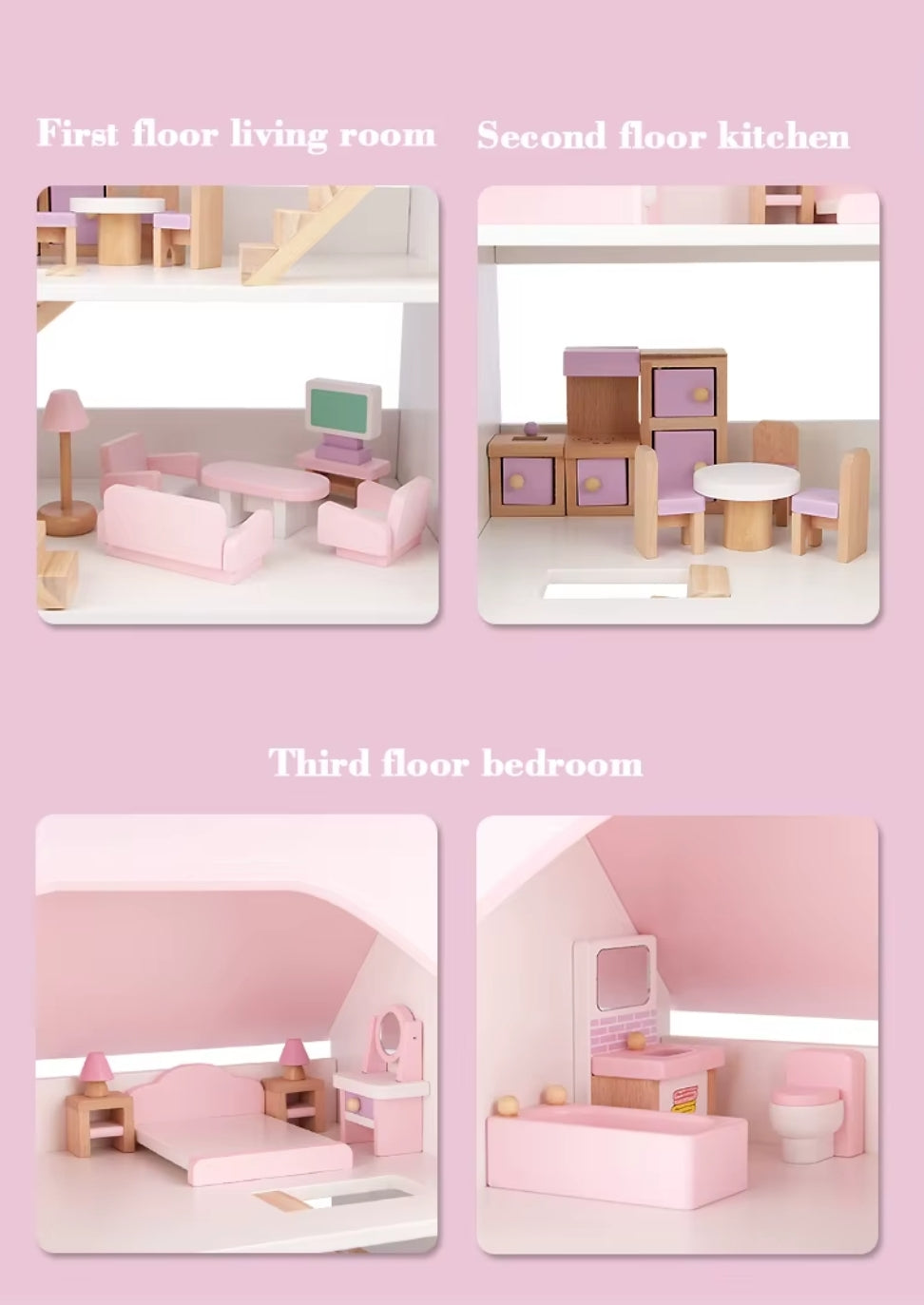 בית בובות מעץ 3 קומות עם ריהוט מעץ