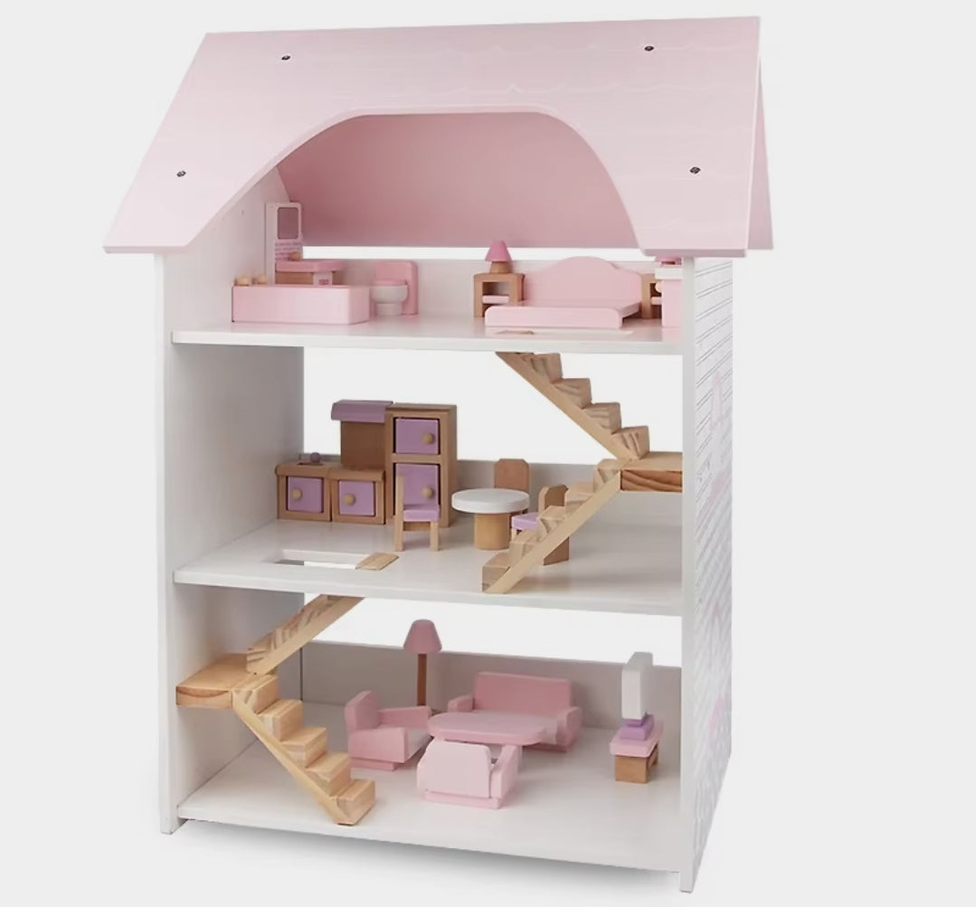 בית בובות מעץ 3 קומות עם ריהוט מעץ
