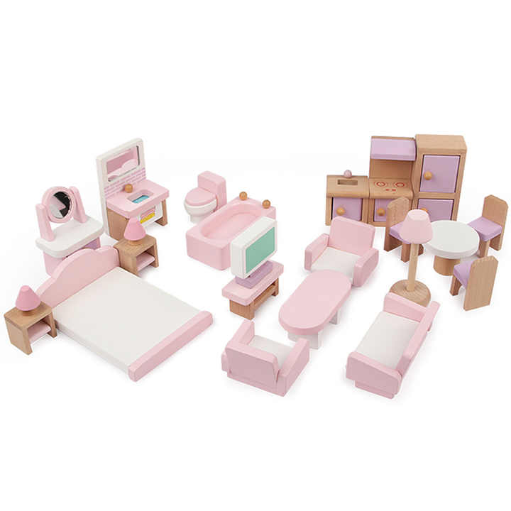 בית בובות מעץ עם ריהוט מעץ