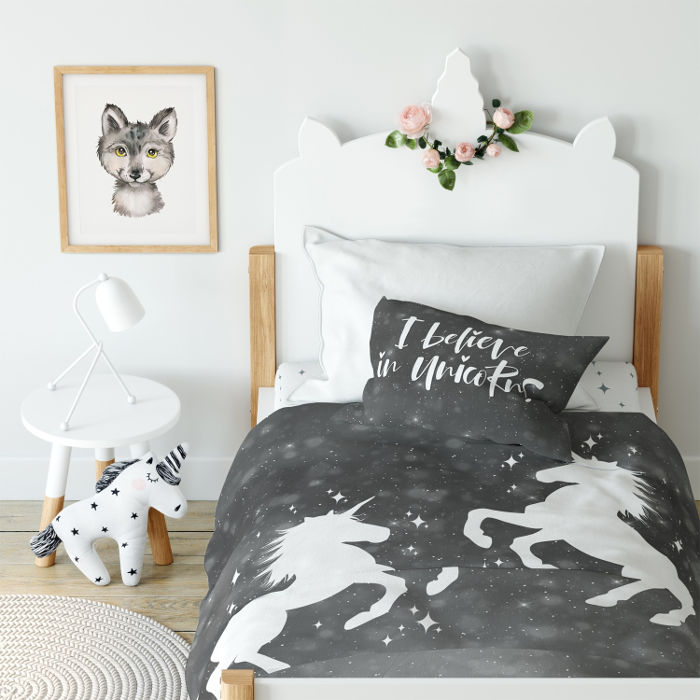 סט מצעים יחיד יוניקורן אפור 100% כותנה