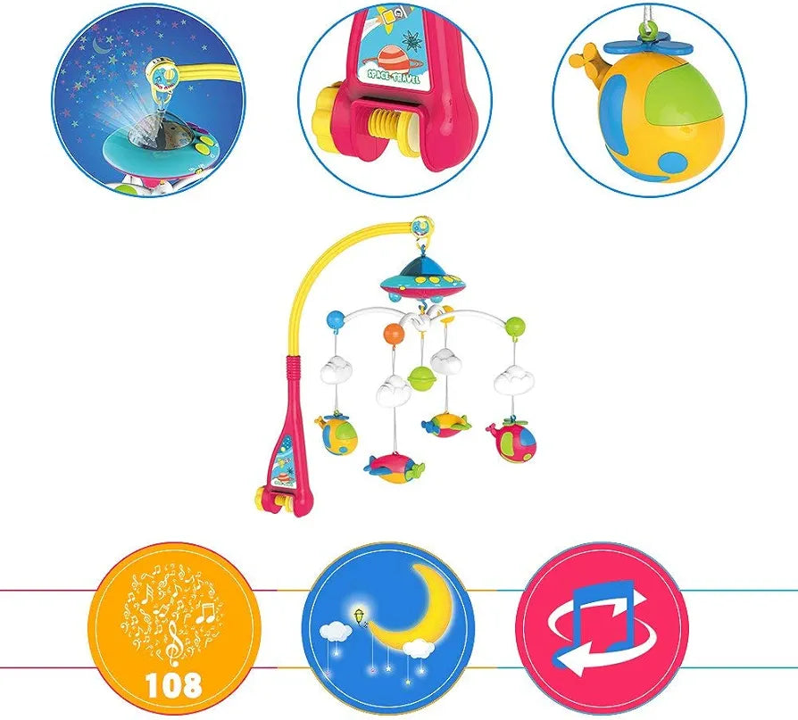 מובייל למיטת תינוק מנגן מסתובב ומקרין אורות