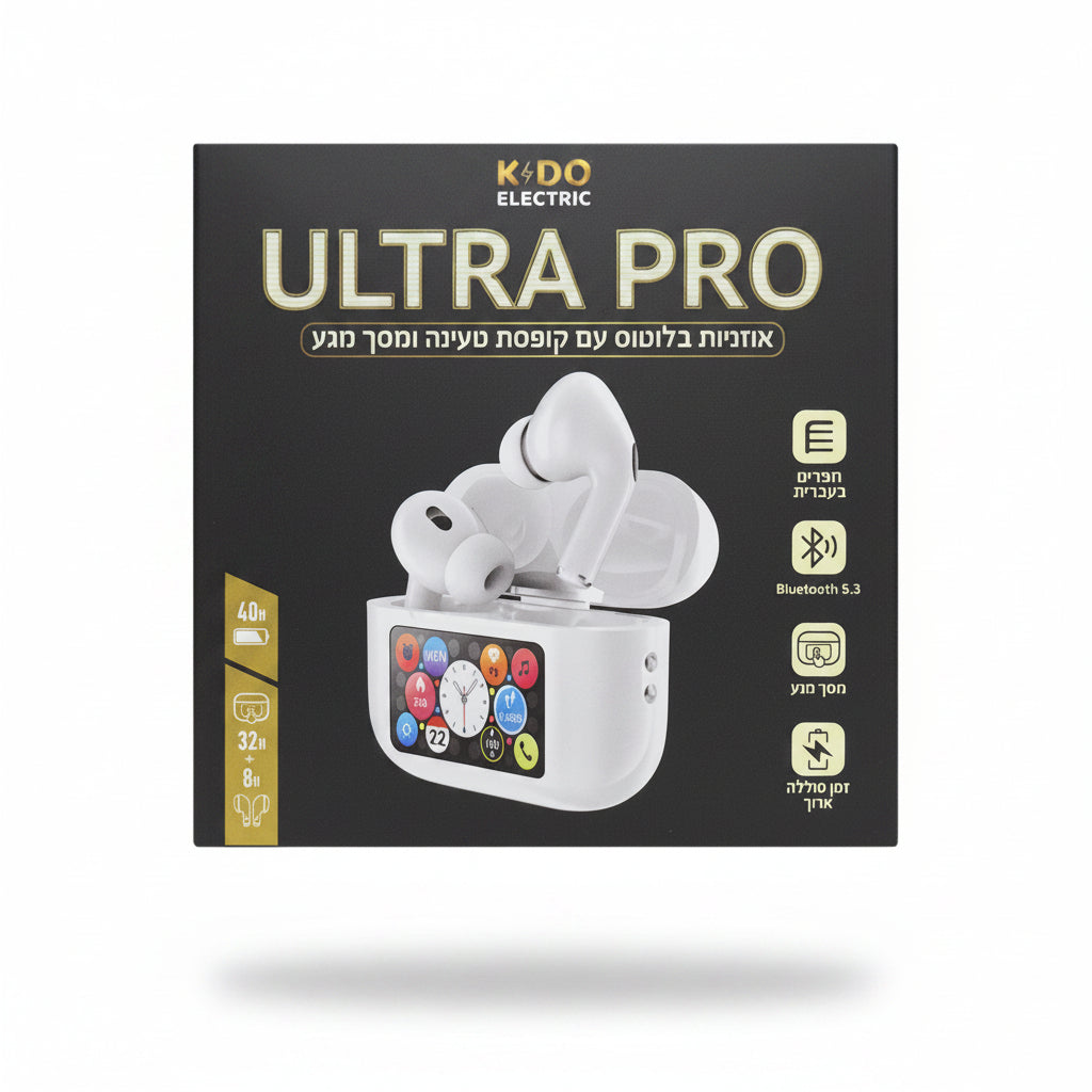 אוזניות בלוטוס TWS חכמות KIDO Ultra Pro עם מסך מגע מובנה בקייס ותפריט בעברית