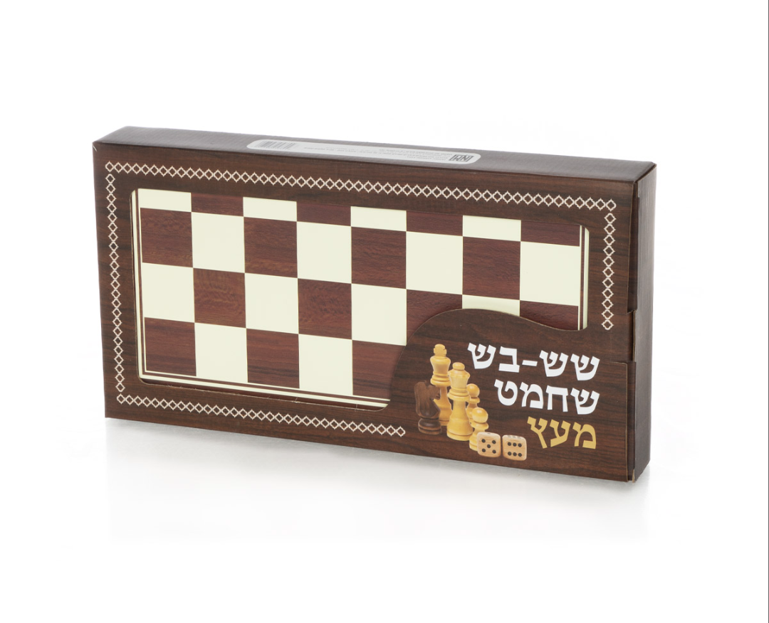 שחמט שש בש דמקה בלוח עץ עם כלים מעץ